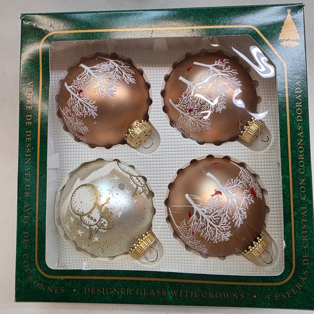 Christmas by Krebs Glass Ornaments Set 4 Glitter Bronze Snowman Cardinal Vintage